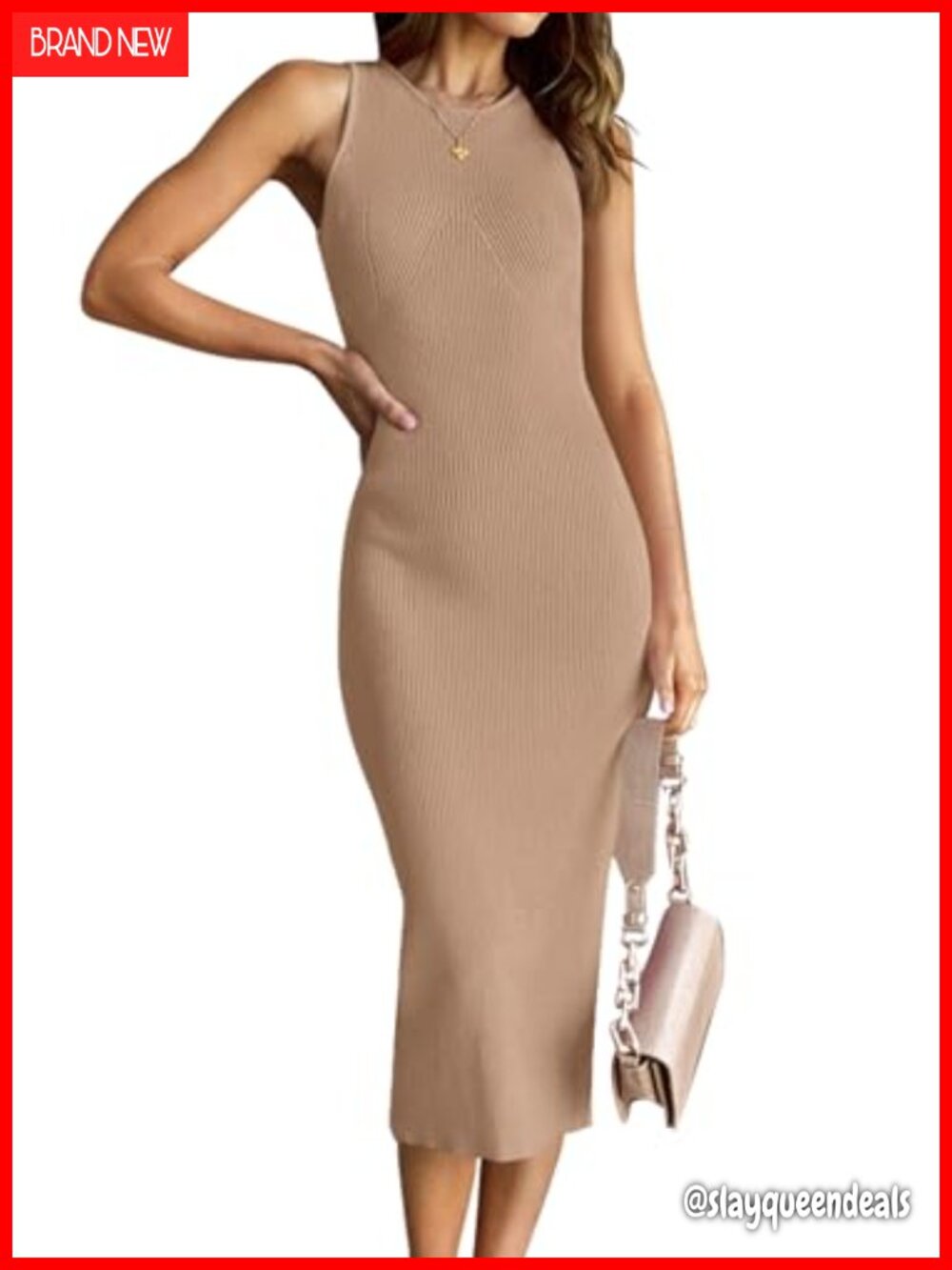 Sleeveless Ribbed Knit Bodycon Midi Sweater Dress Slit Back Casual
